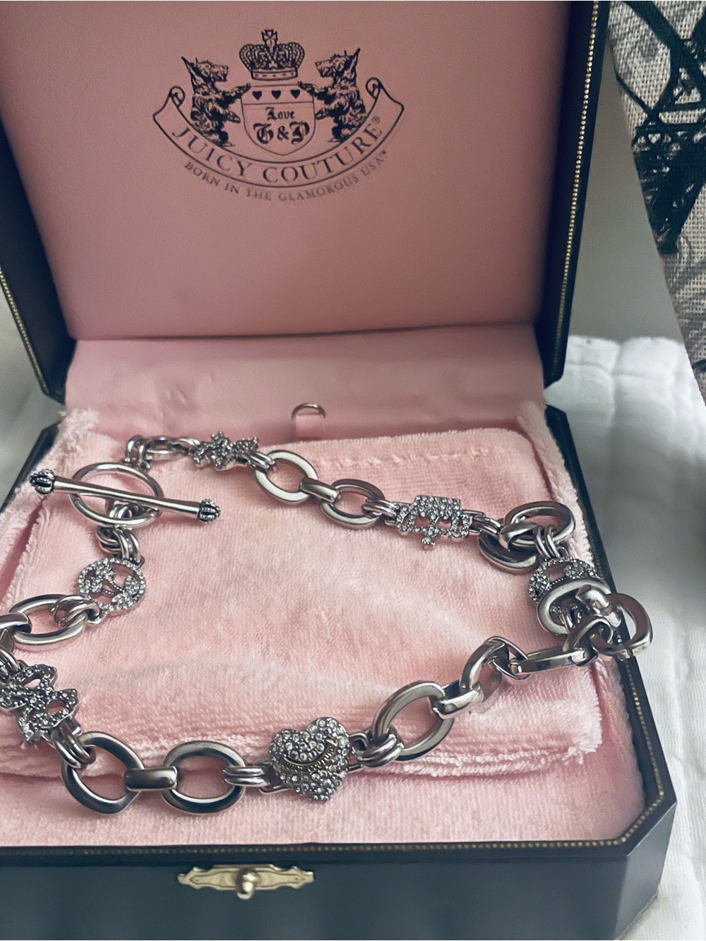 Juicy couture silver necklace link chain crystal charms
